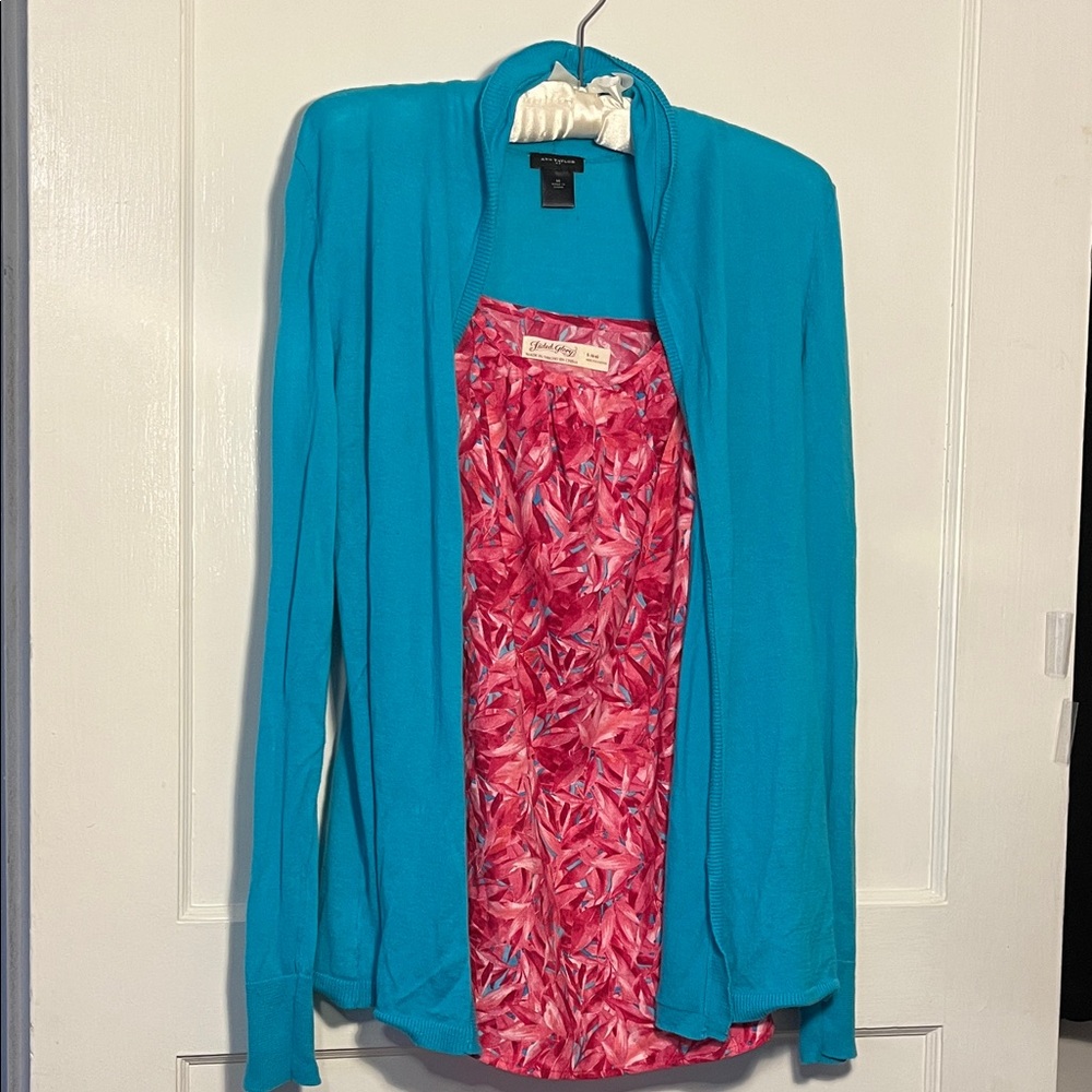 Teal Cardigan size M with Pink Patterned Tank Top size 4-6